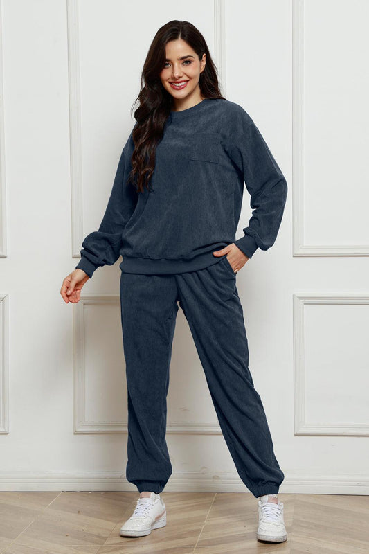 Corduroy Round Neck Sweatshirt and Sweatpants Set - Trendy by Luna