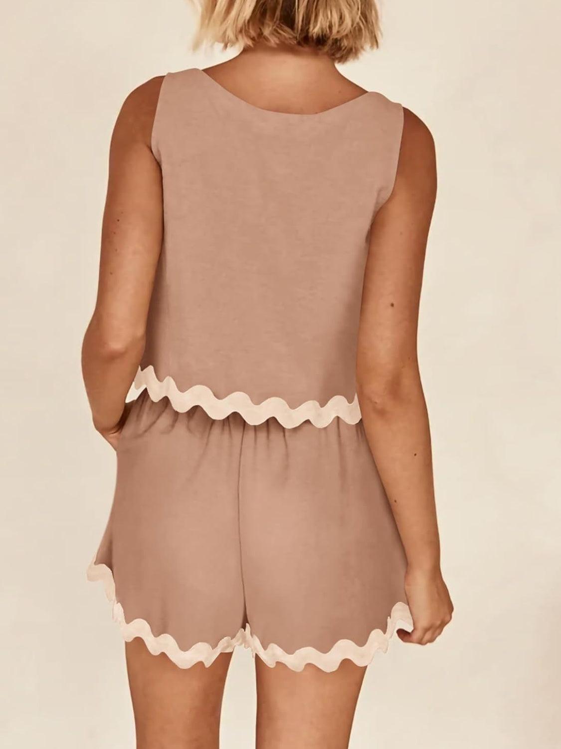 Contrast Trim Sleeveless Top and Shorts Set - Trendy by Luna