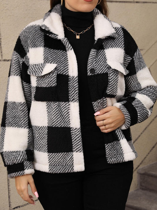 Plus Size Pocketed Plaid Collared Neck Jacket - Trendy by Luna