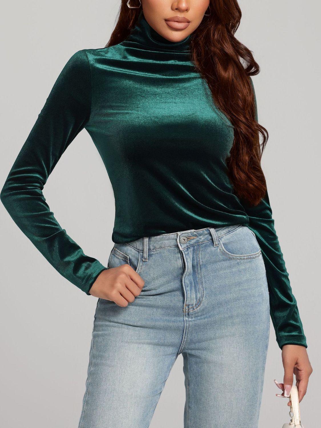 Solid Color Turtleneck Long Sleeve Top - Trendy by Luna