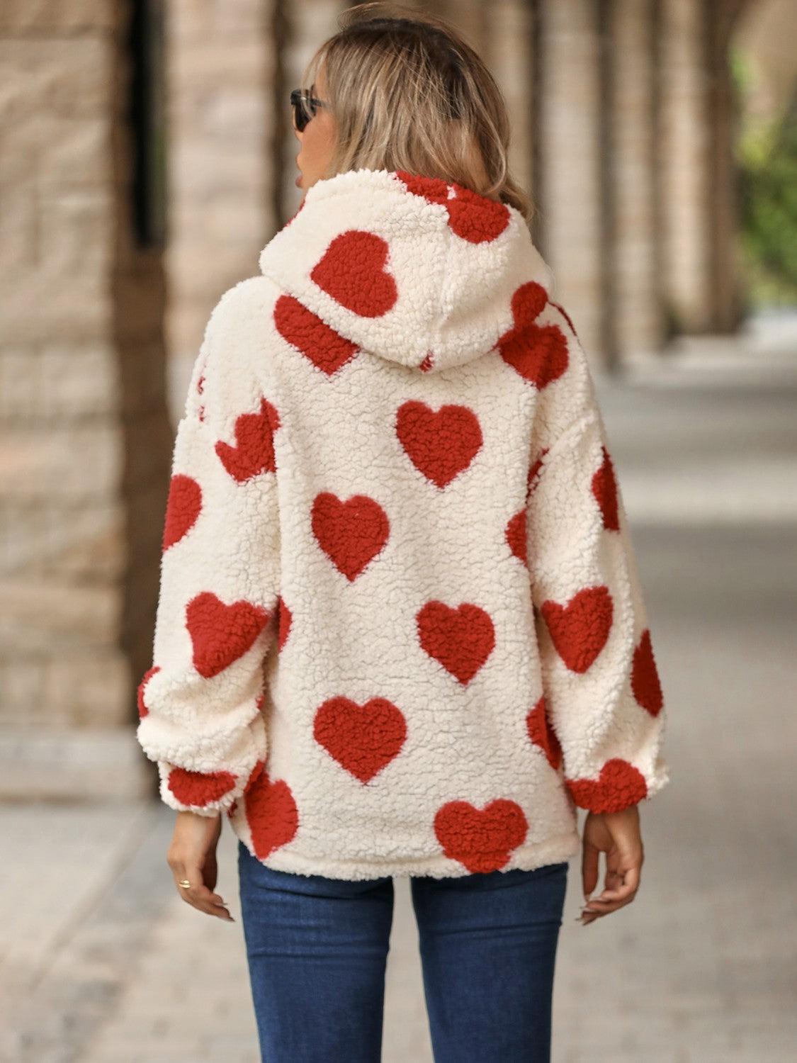 Fuzzy Heart Pocketed Dropped Shoulder Hoodie - Trendy by Luna