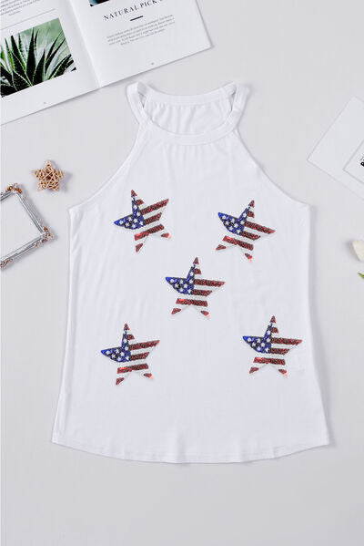 Sequin US Flag Star Grecian Neck Tank - Trendy by Luna