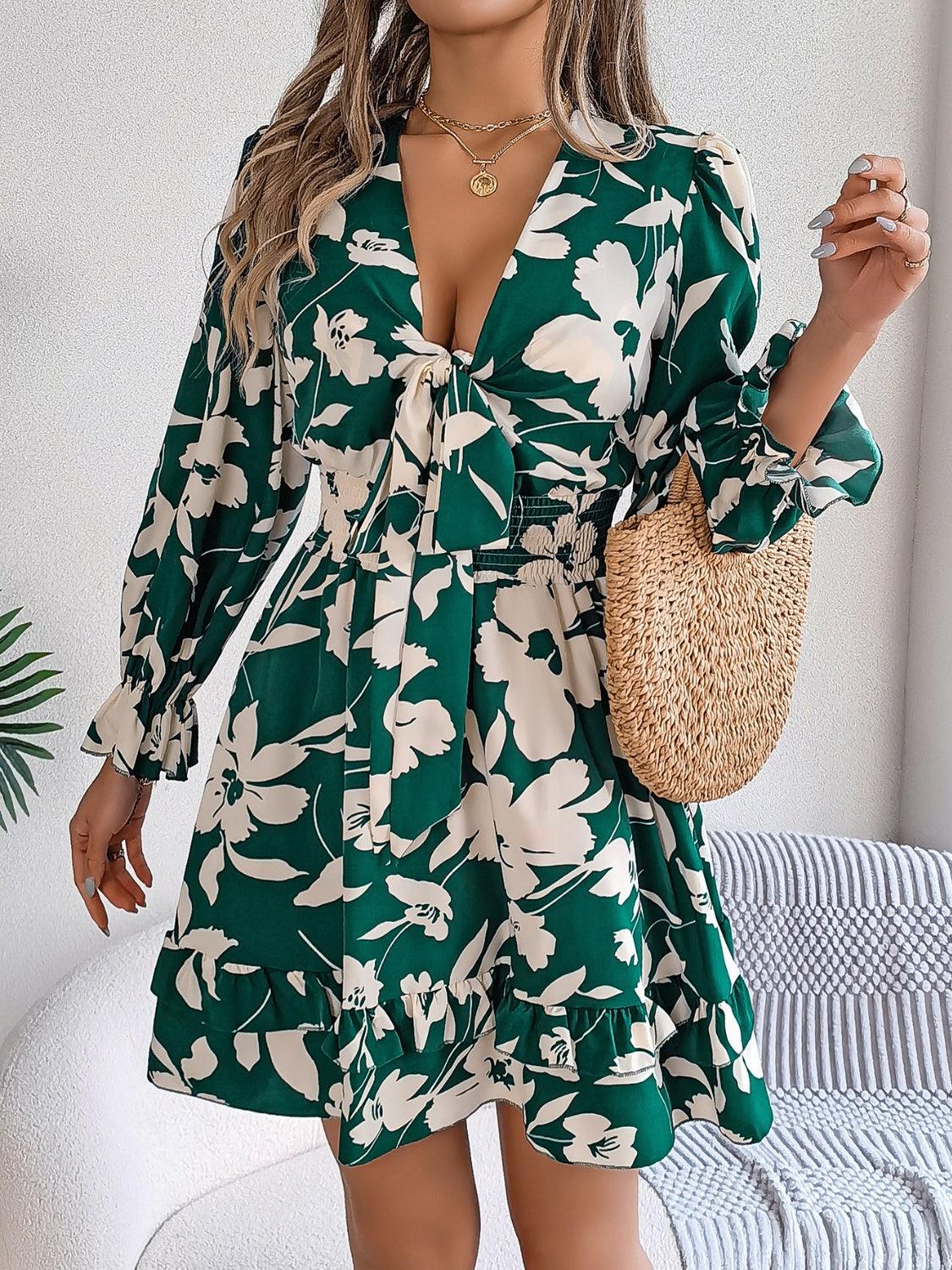 Tied Ruffled Printed Long Sleeve Dress - Trendy by Luna