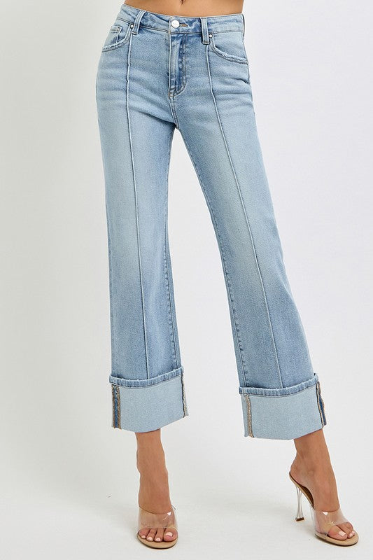 Plus Size Ankle Straight Leg Cuffed Jeans