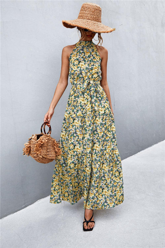 Printed Sleeveless Tie Waist Maxi Dress - Trendy by Luna