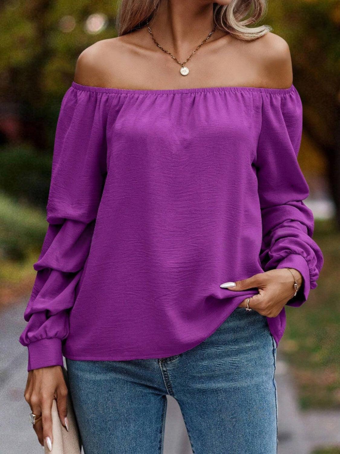 Ruched Off-Shoulder Long Sleeve Blouse - Trendy by Luna