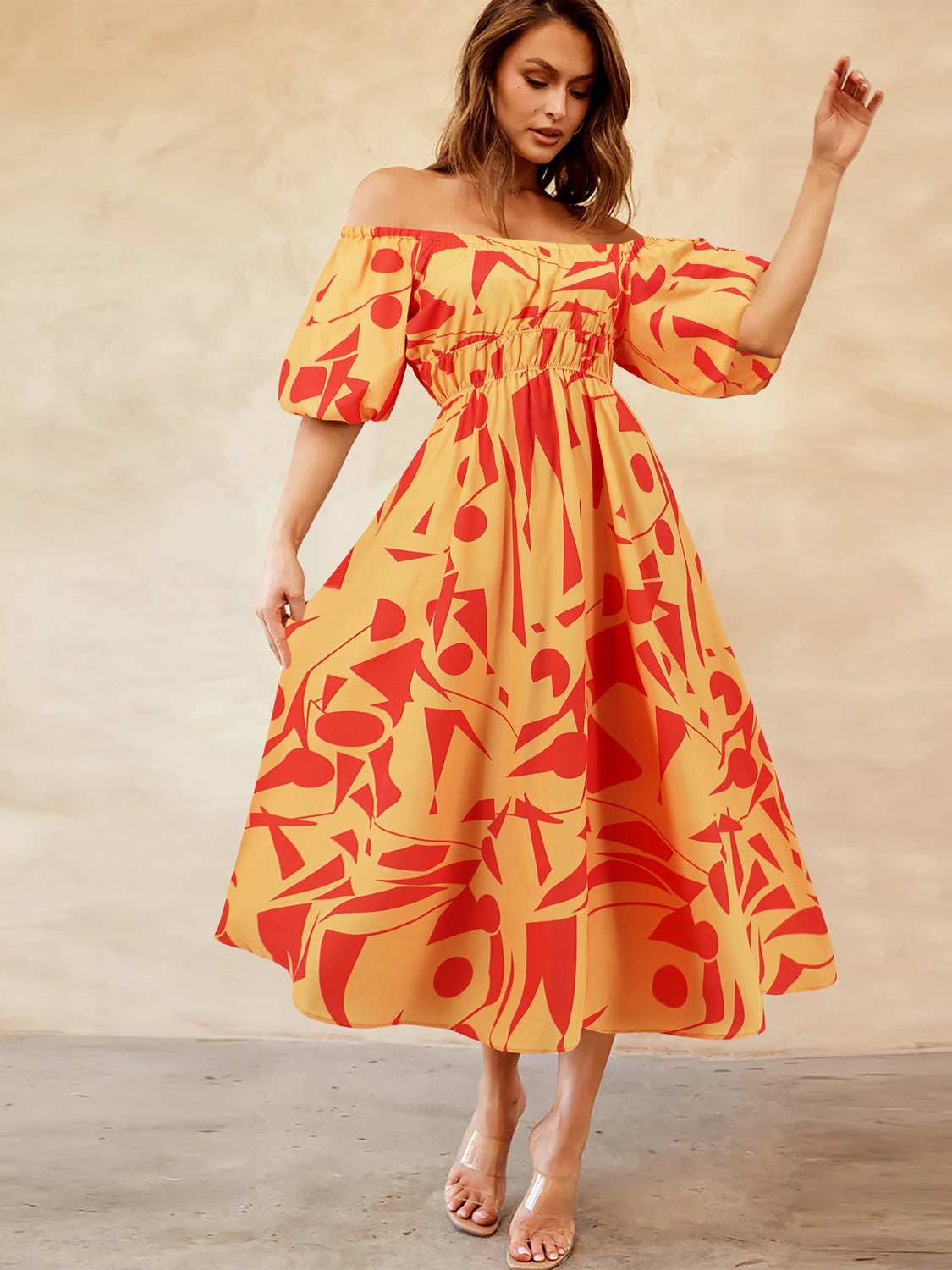 Printed Off-Shoulder Balloon Sleeve Dress - Trendy by Luna