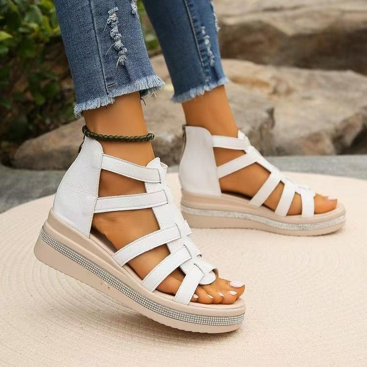 Cutout Rhinestone Trim Wedge Sandals - Trendy by Luna