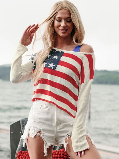 Perfee US Flag Boat Neck Long Sleeve Knit Top - Trendy by Luna