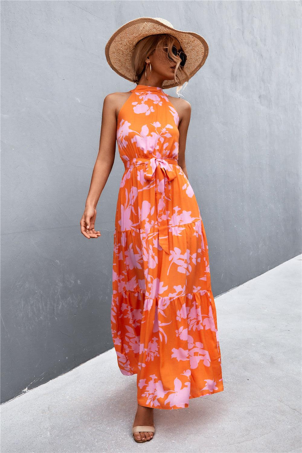 Printed Sleeveless Tie Waist Maxi Dress - Trendy by Luna