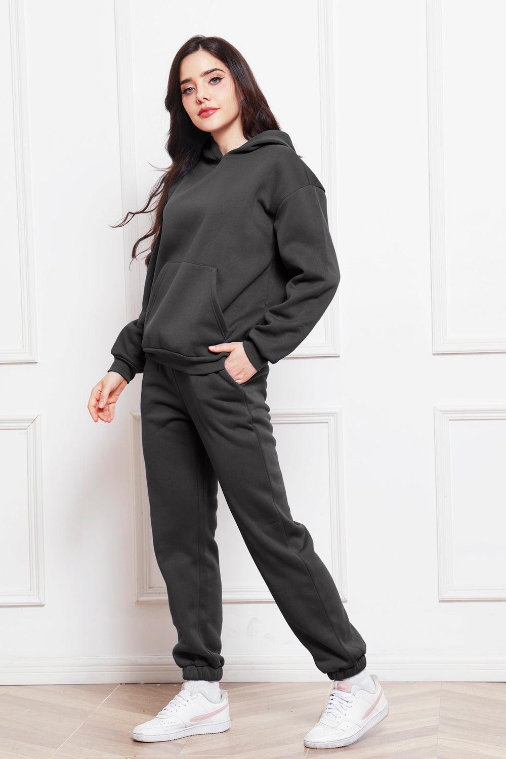 Drop Shoulder Long Sleeve Hoodie and Pants Set - Trendy by Luna