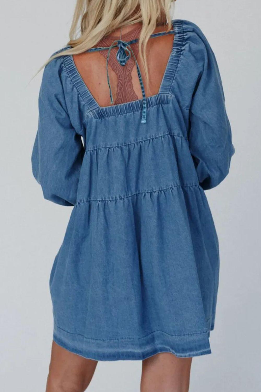 Tied Square Neck Long Sleeve Denim Dress with Pockets - Trendy by Luna