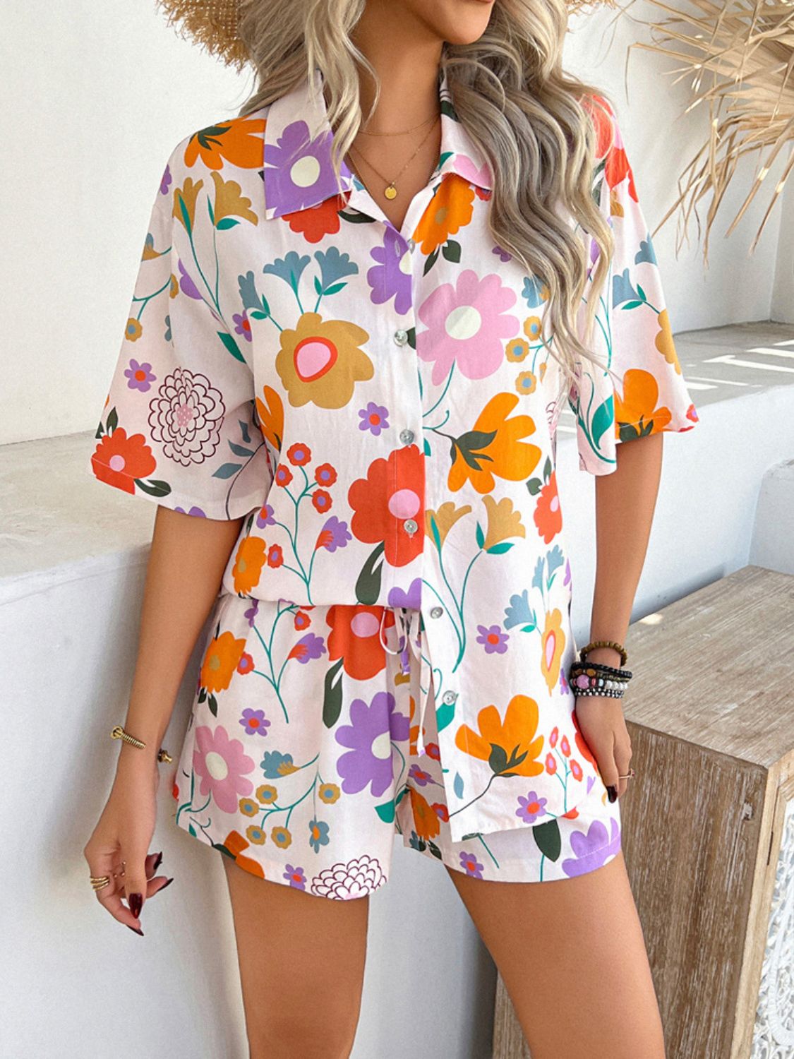 Printed Button Down Shirt and Shorts Set - Trendy by Luna