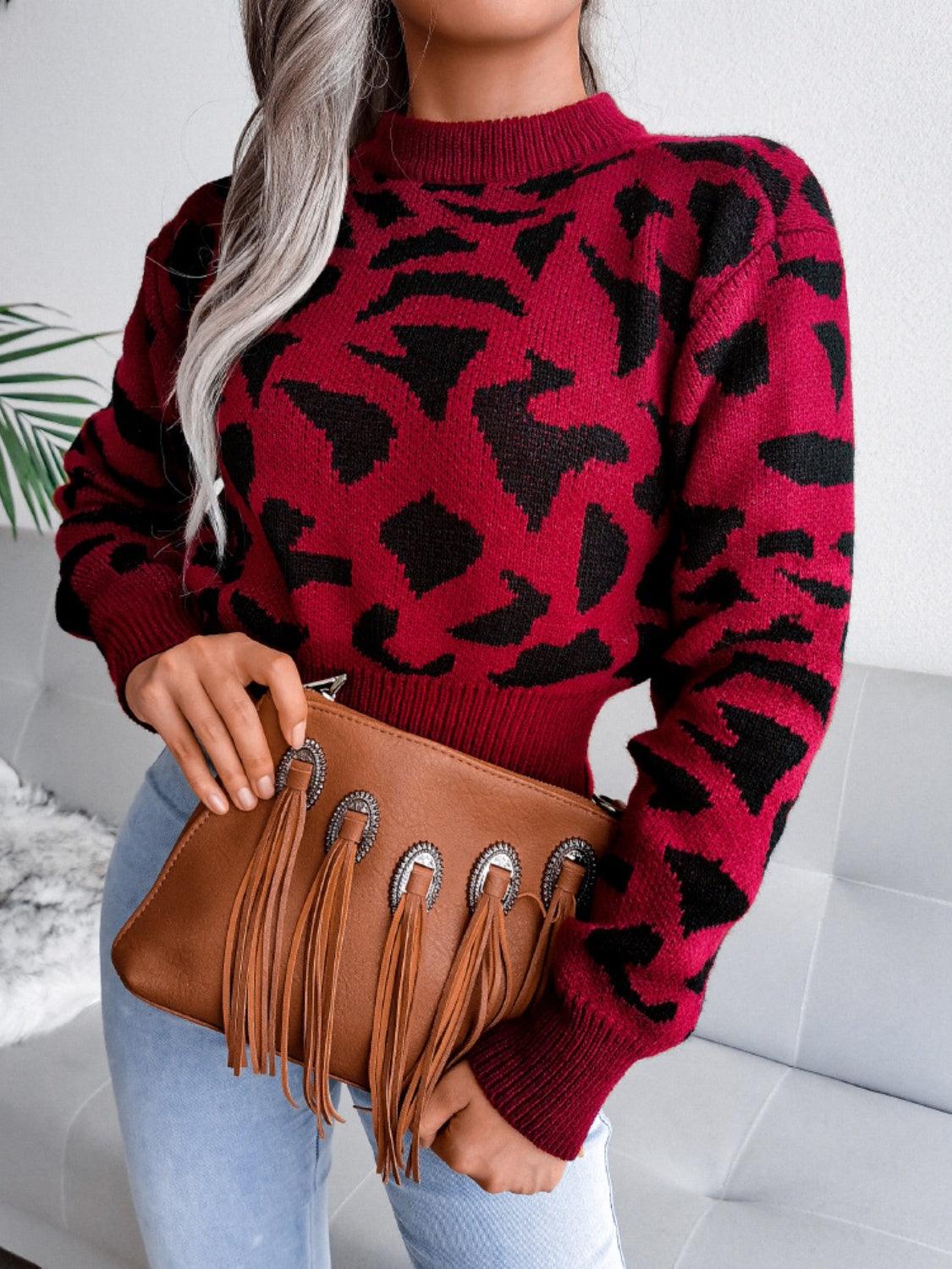 Leopard Round Neck Dropped Shoulder Sweater - Trendy by Luna