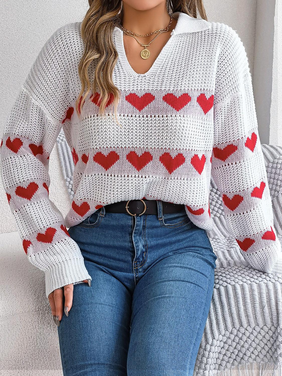 Heart Johnny Collar Long Sleeve Sweater - Trendy by Luna