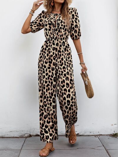 Perfee Tied Leopard Half Sleeve Jumpsuit - Trendy by Luna