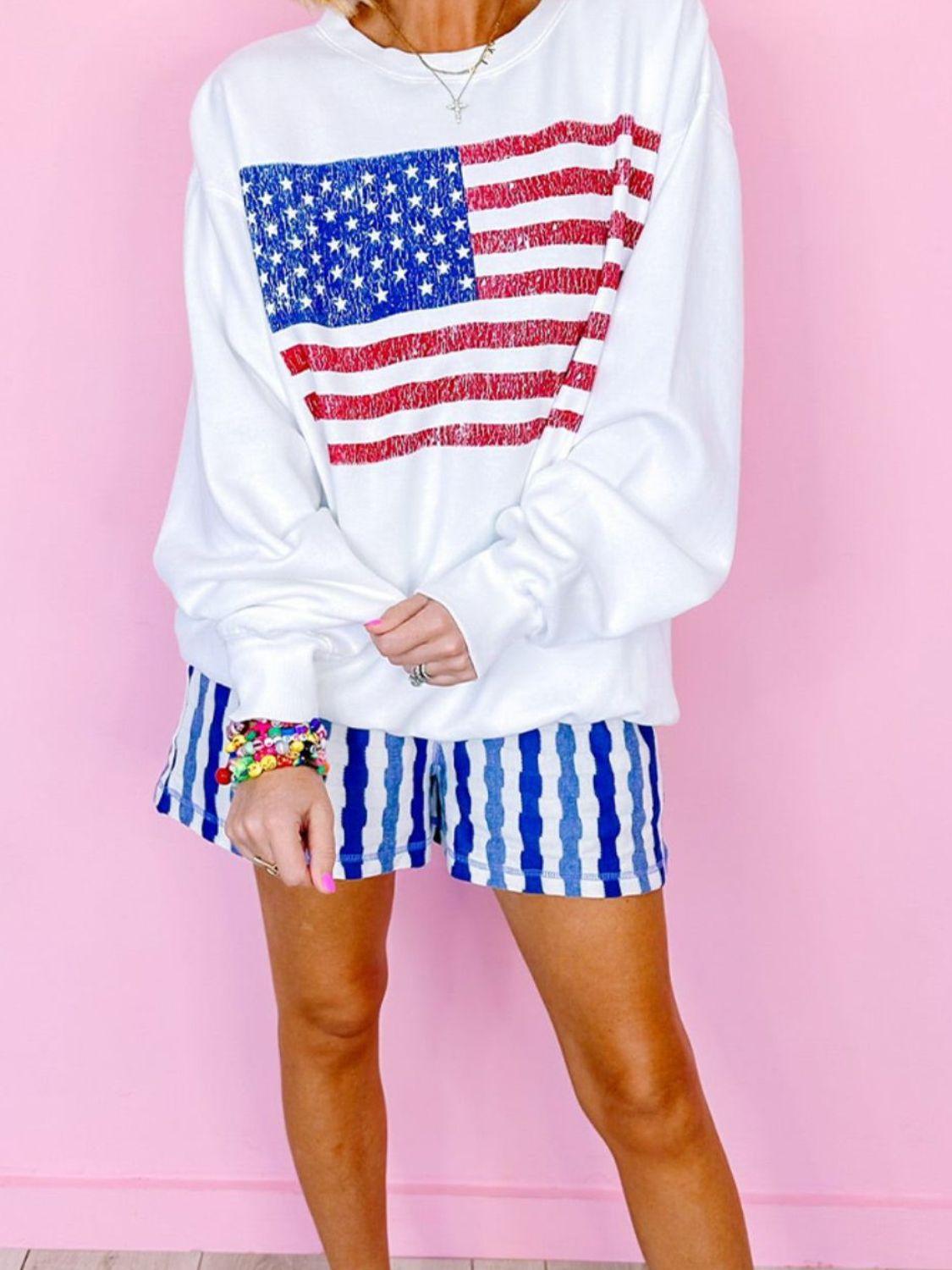 US Flag Round Neck Long Sleeve Sweatshirt - Trendy by Luna