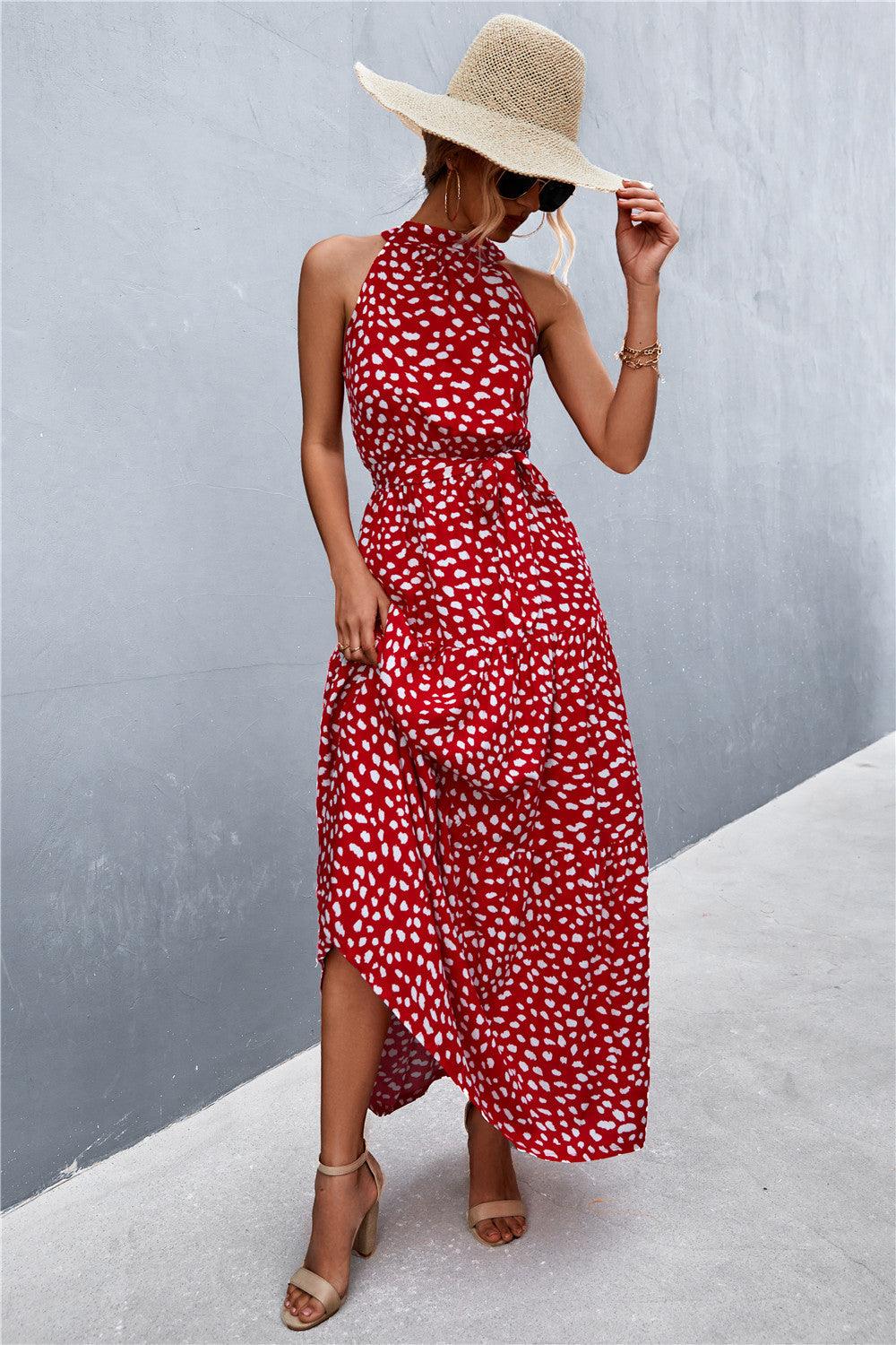 Printed Sleeveless Tie Waist Maxi Dress - Trendy by Luna