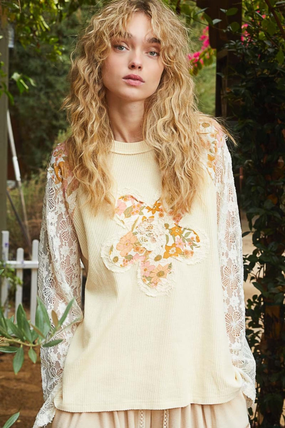 Flower Patch Lace Sleeve Knit Top - Trendy by Luna