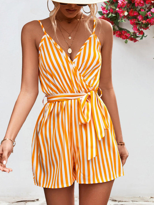 Striped Tie Waist Spaghetti Strap Romper - Trendy by Luna