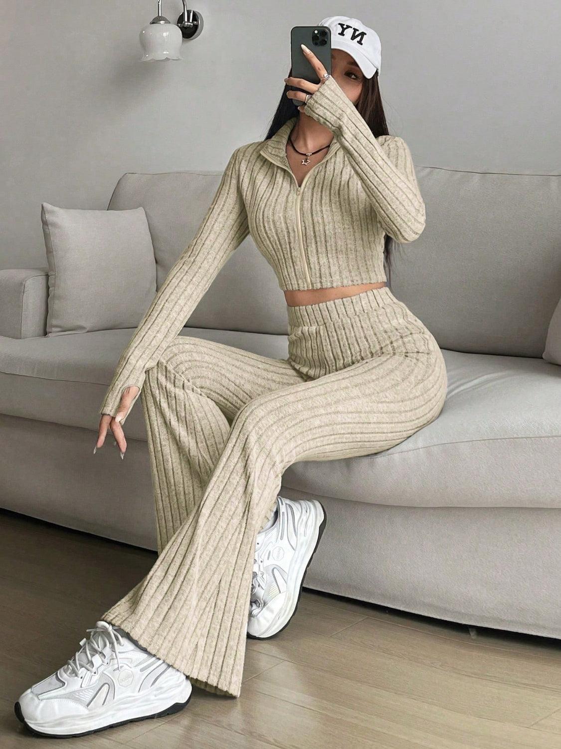 Honey Zip Up Long Sleeve Top and Pants Set - Trendy by Luna