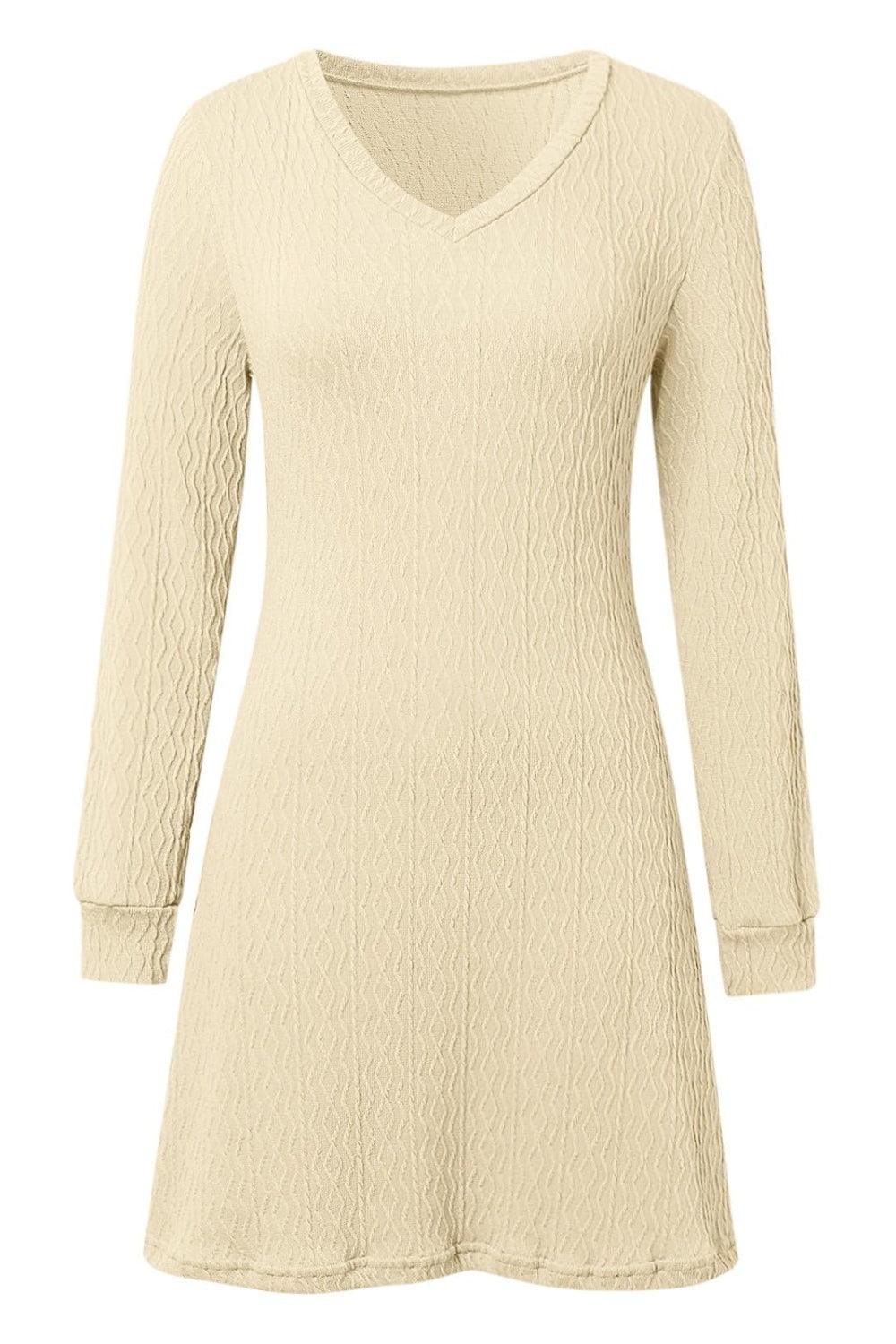 Texture V-Neck Long Sleeve Dress - Trendy by Luna