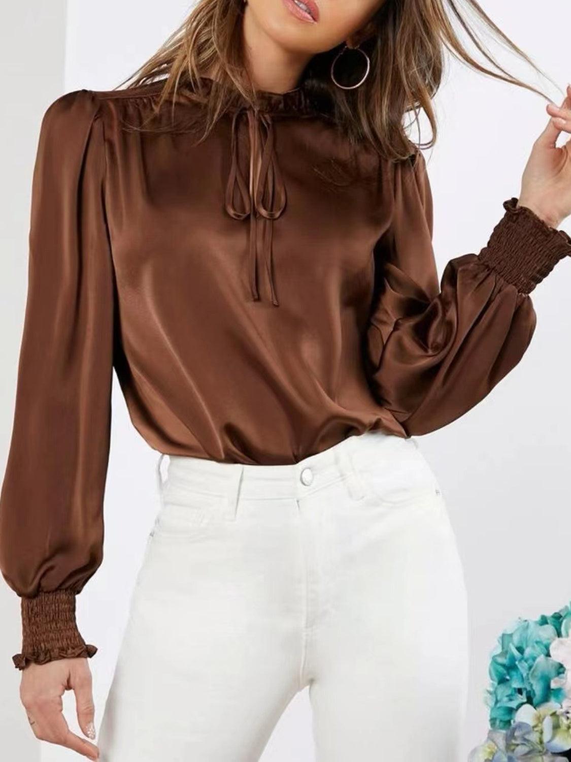 Frill Tied Lantern Sleeve Blouse - Trendy by Luna