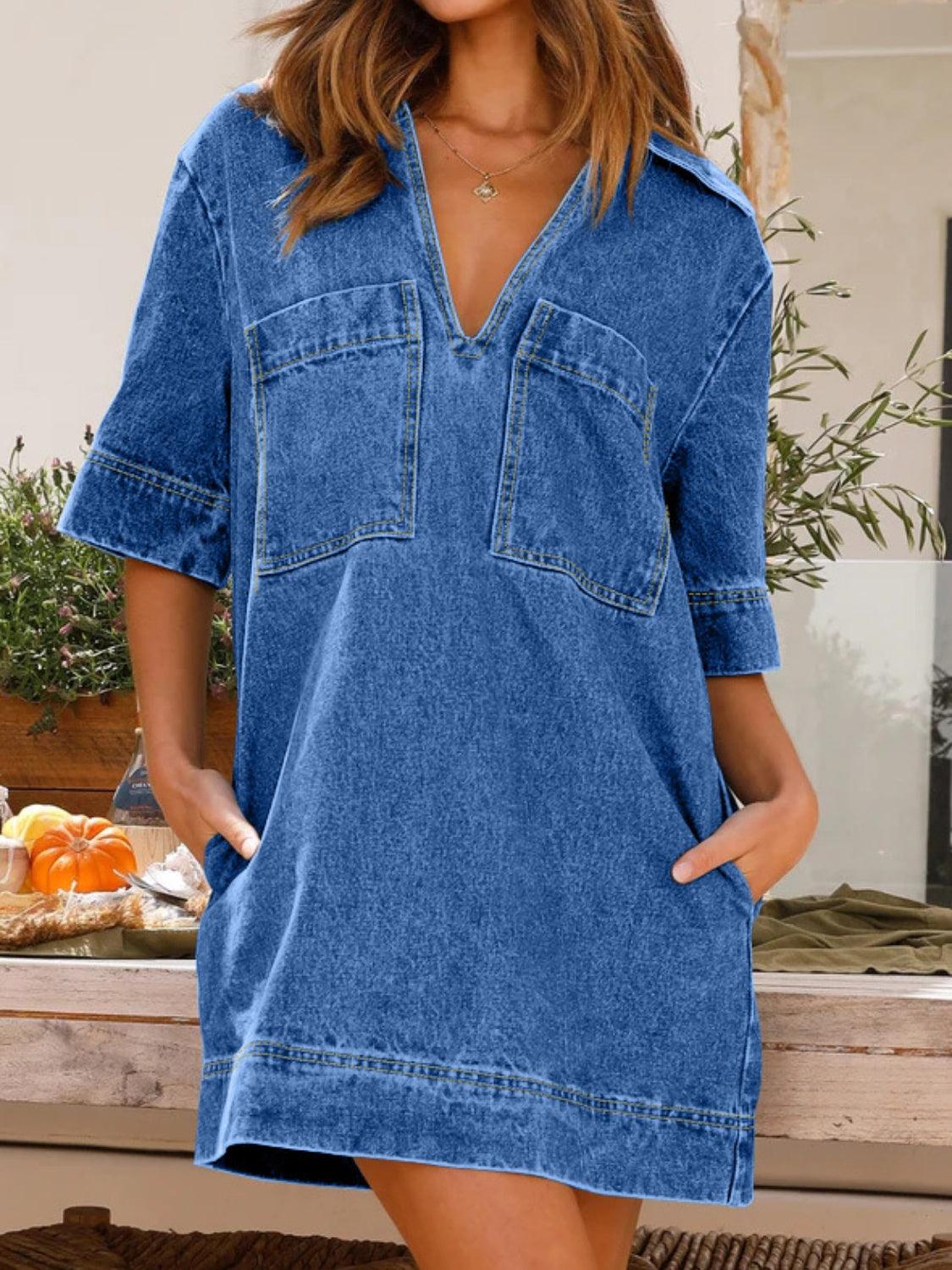 Johnny Collar Half Sleeve Denim Dress - Trendy by Luna