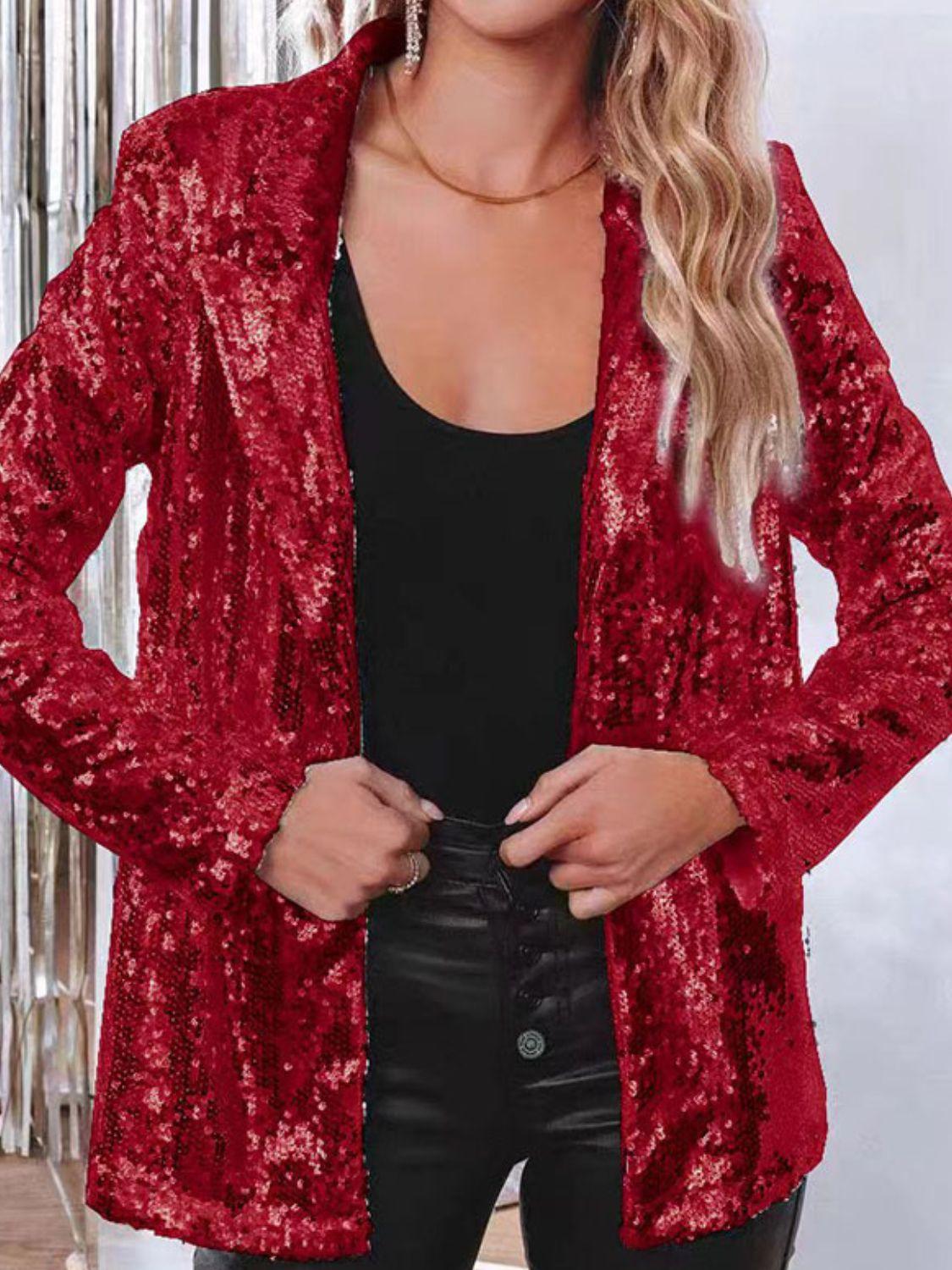 Sequin Lapel Collar Long Sleeve Blazer - Trendy by Luna