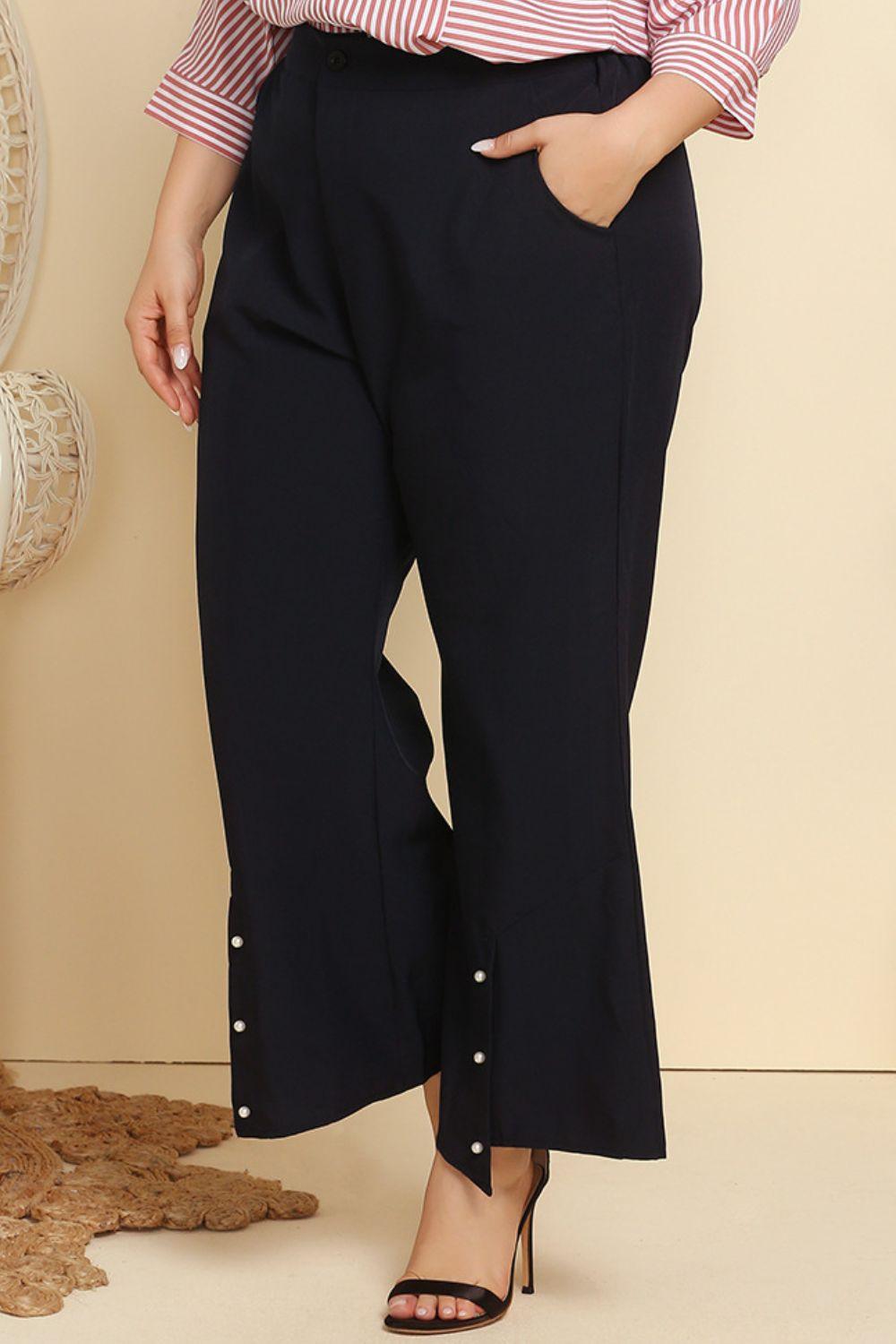 Plus Size Hem Detail Flare Pants - Trendy by Luna