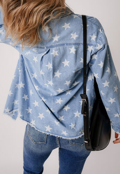 Raw Hem Star Collared Neck Denim Top - Trendy by Luna