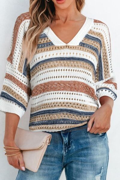 Striped Hollow Out Half Sleeve Knit Top - Trendy by Luna