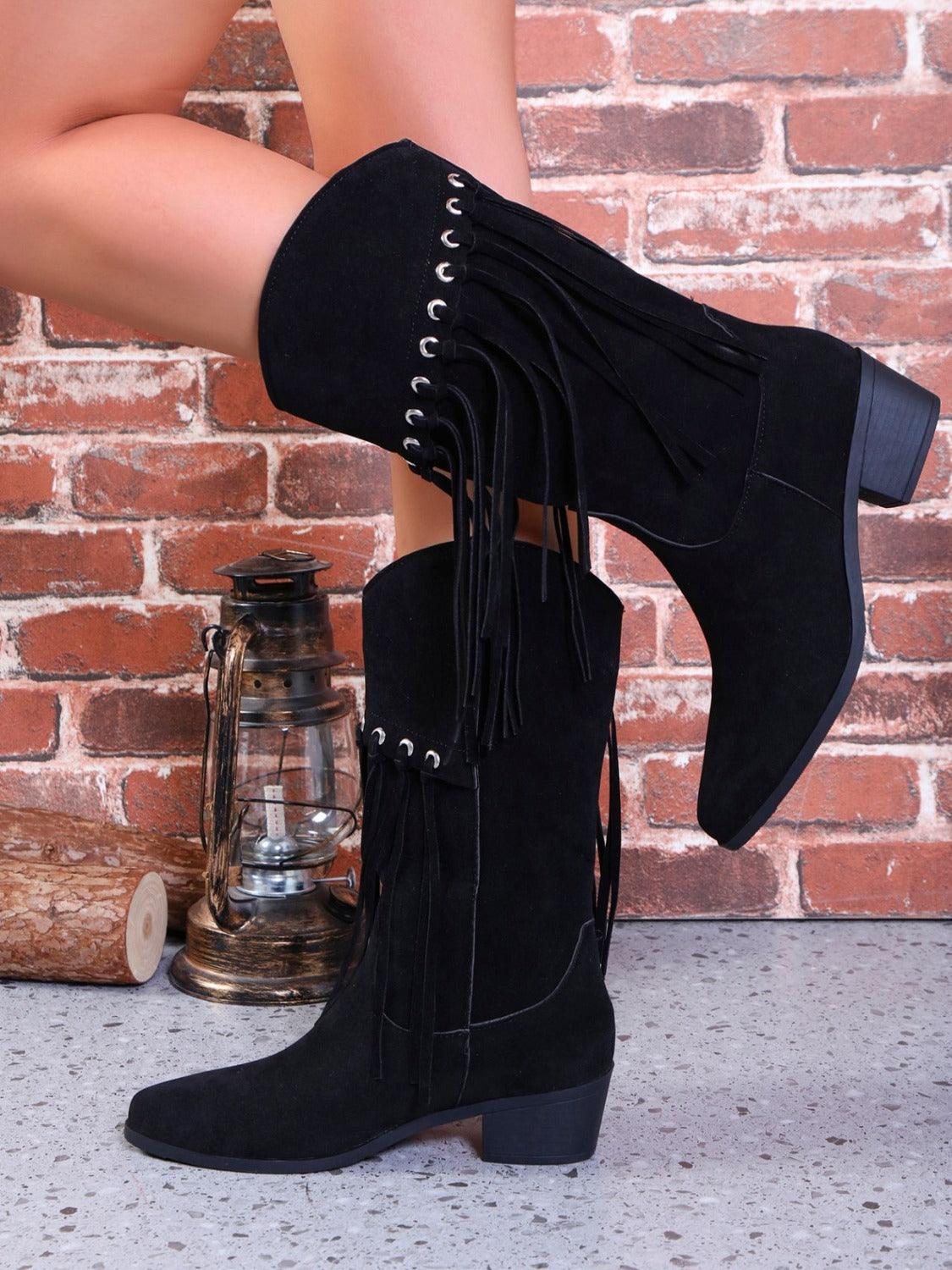 Fringe Suede Point Toe Block Heel Boots - Trendy by Luna