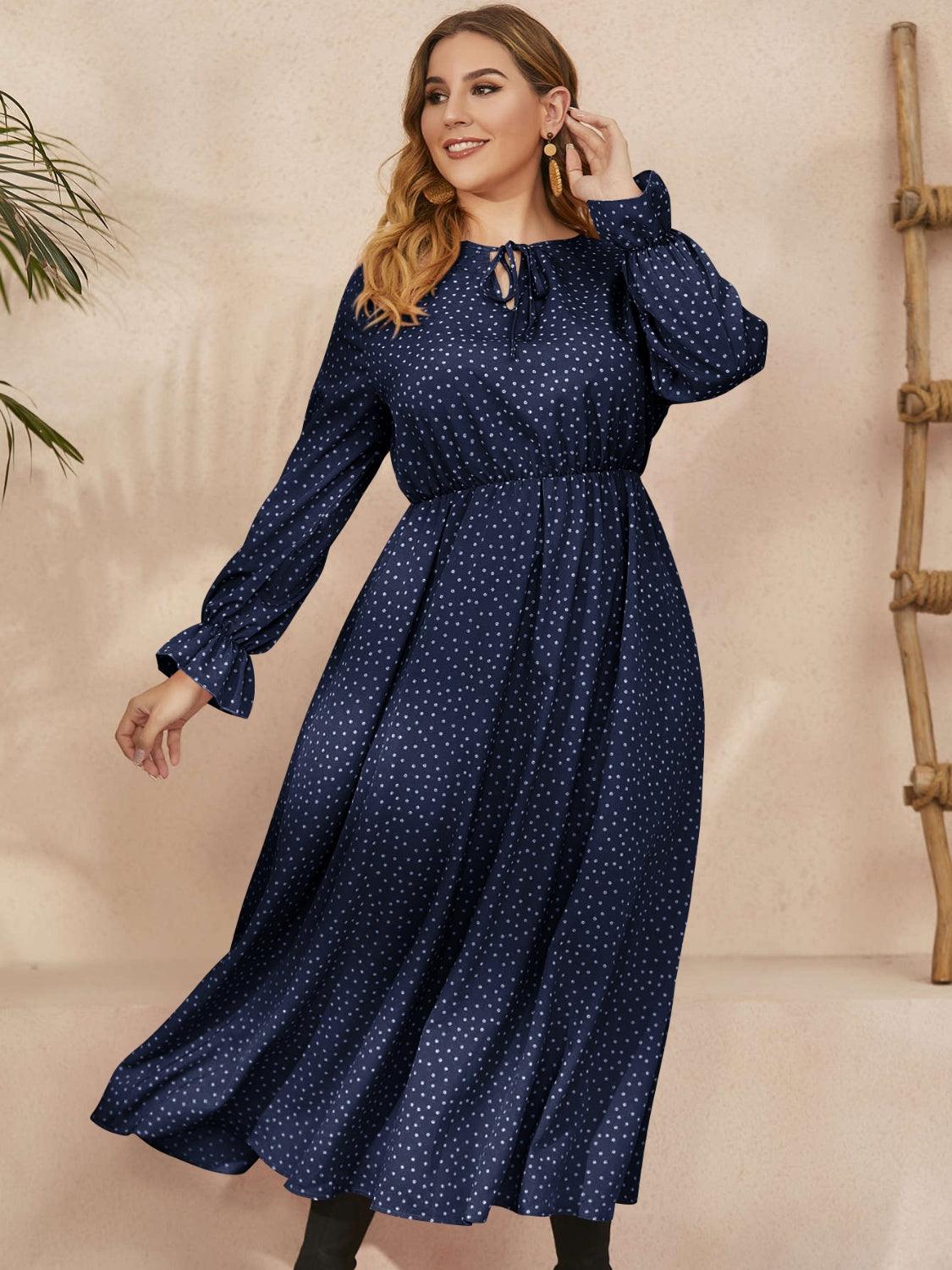 Honey Plus Size Ruffled Polka Dot Long Sleeve Midi Dress - Trendy by Luna