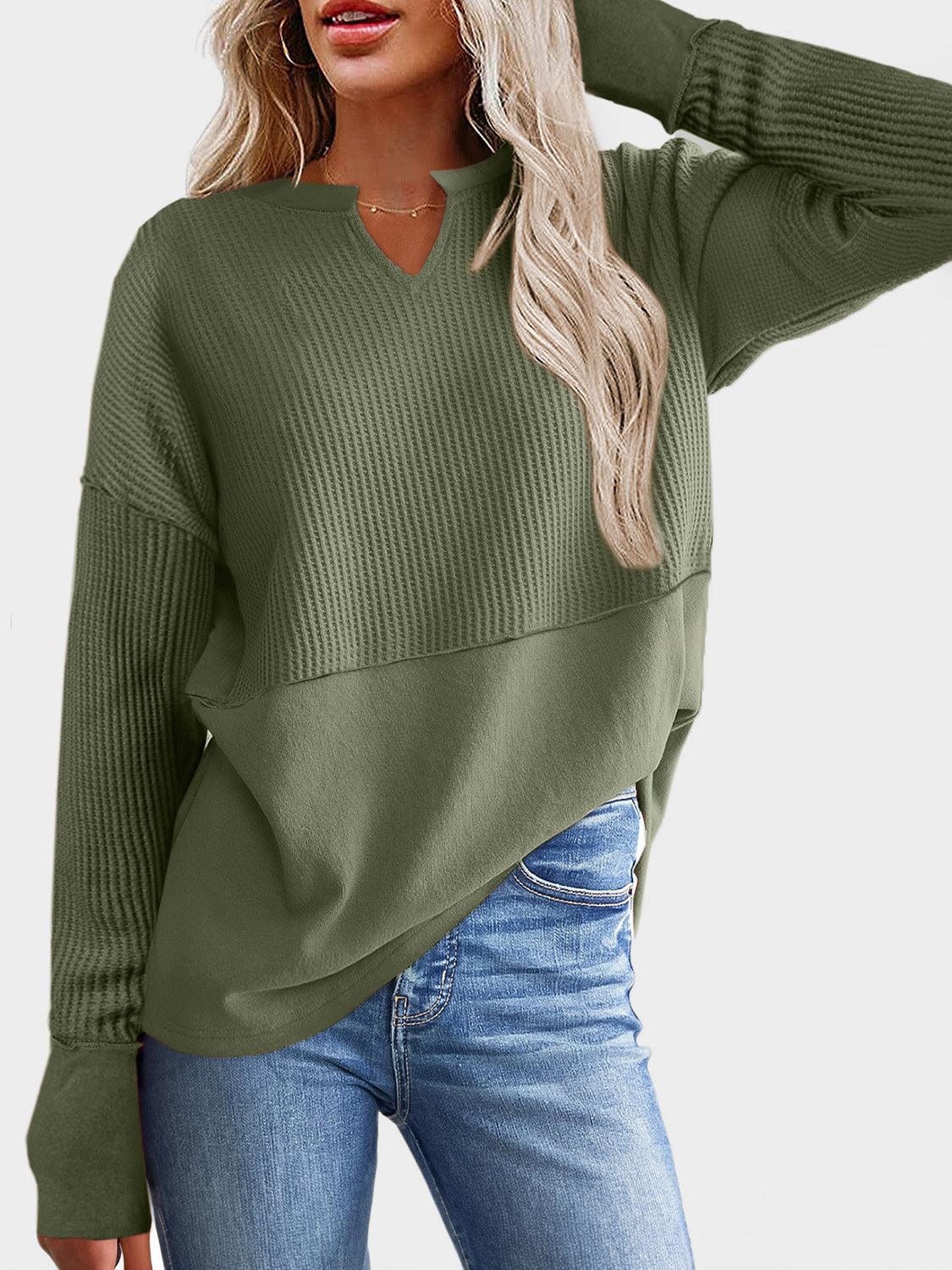 Waffle-Knit Notched Long Sleeve T-Shirt - Trendy by Luna