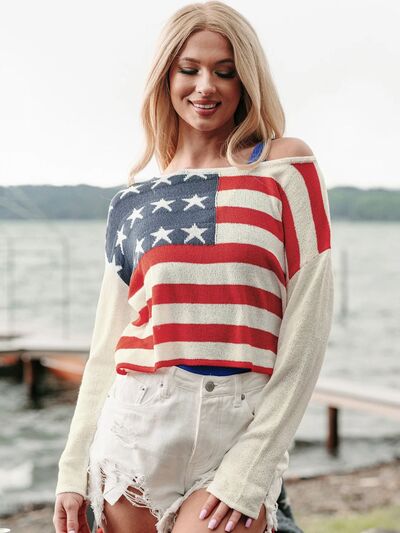 Perfee US Flag Boat Neck Long Sleeve Knit Top - Trendy by Luna