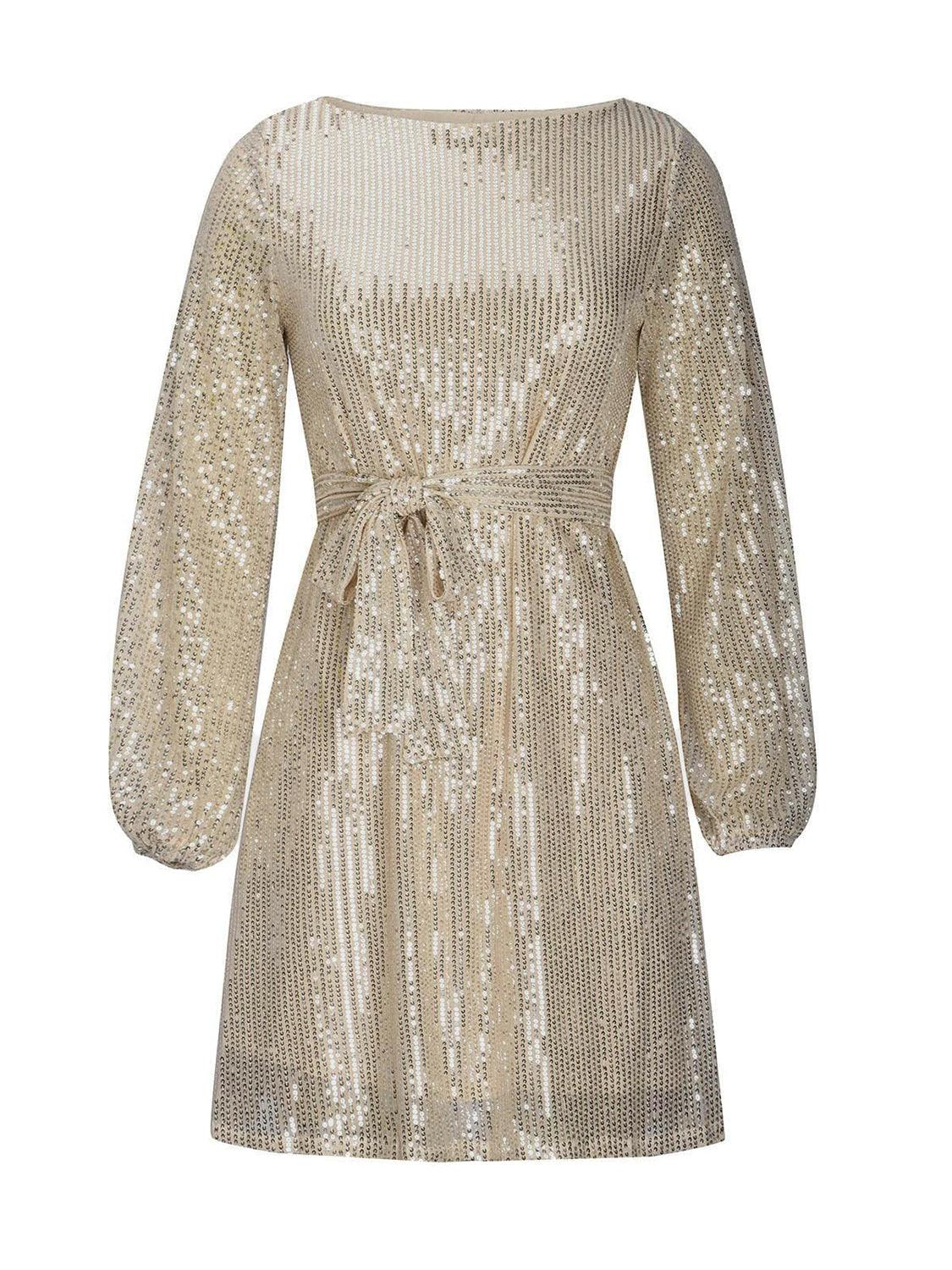 Sequin Tie Waist Long Sleeve Mini Dress - Trendy by Luna