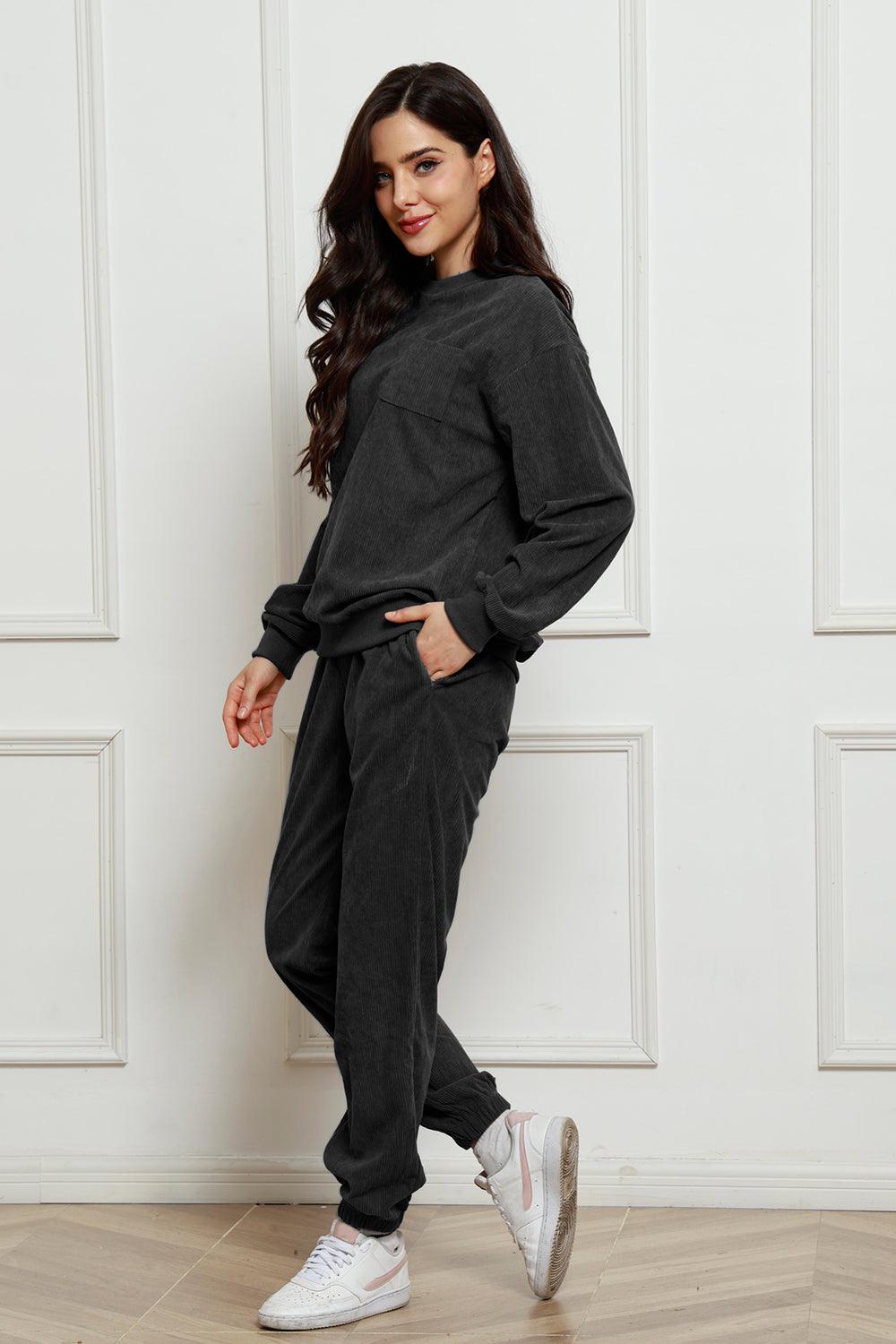 Corduroy Round Neck Sweatshirt and Sweatpants Set - Trendy by Luna