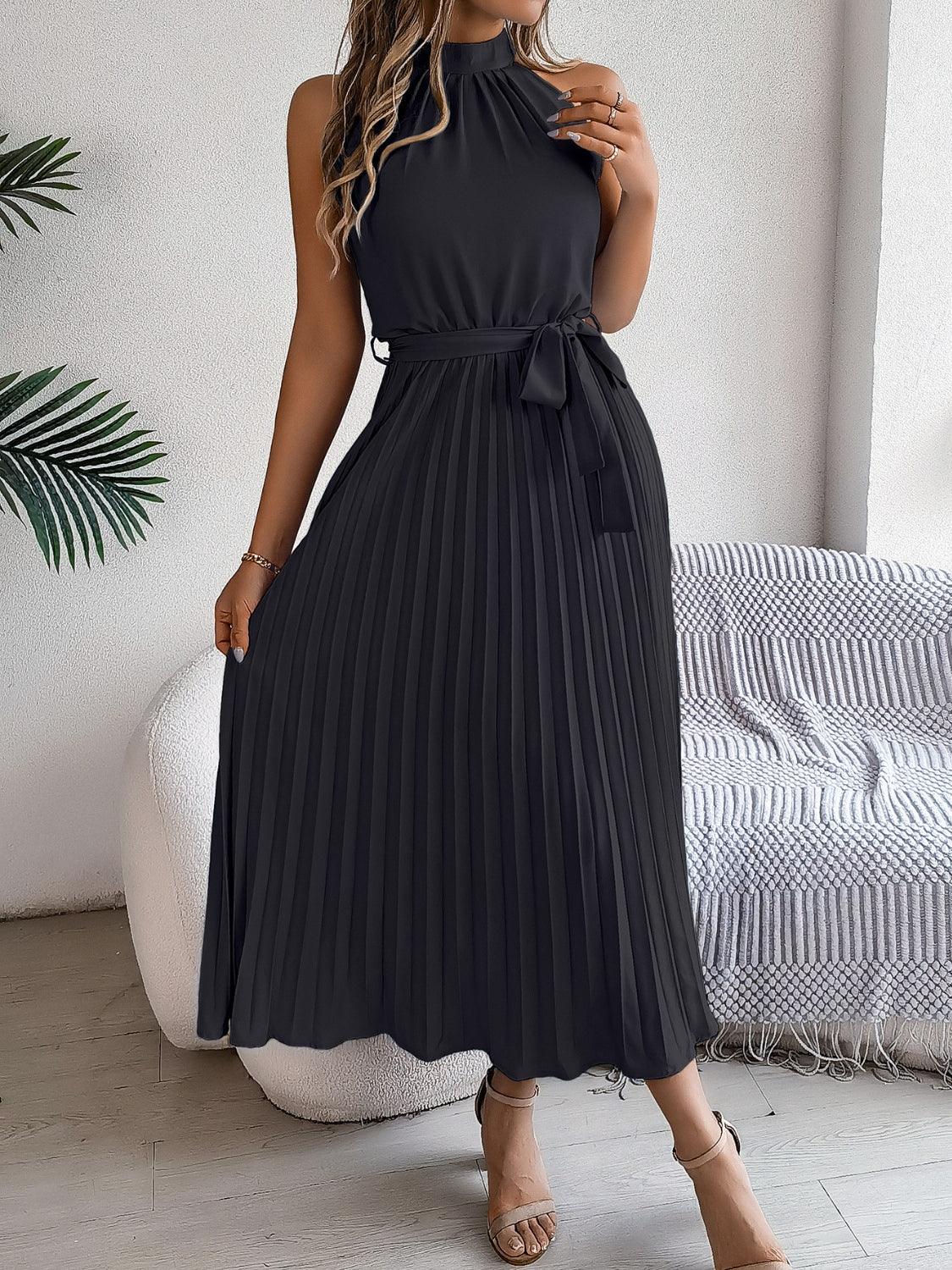 Pleated Tie Waist Sleeveless Midi Dress - Trendy by Luna