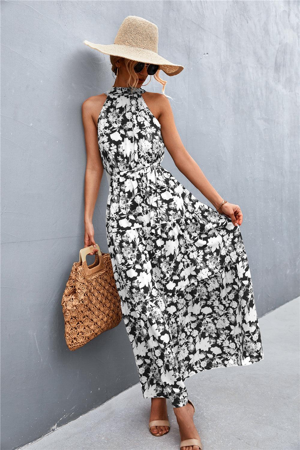 Printed Sleeveless Tie Waist Maxi Dress - Trendy by Luna