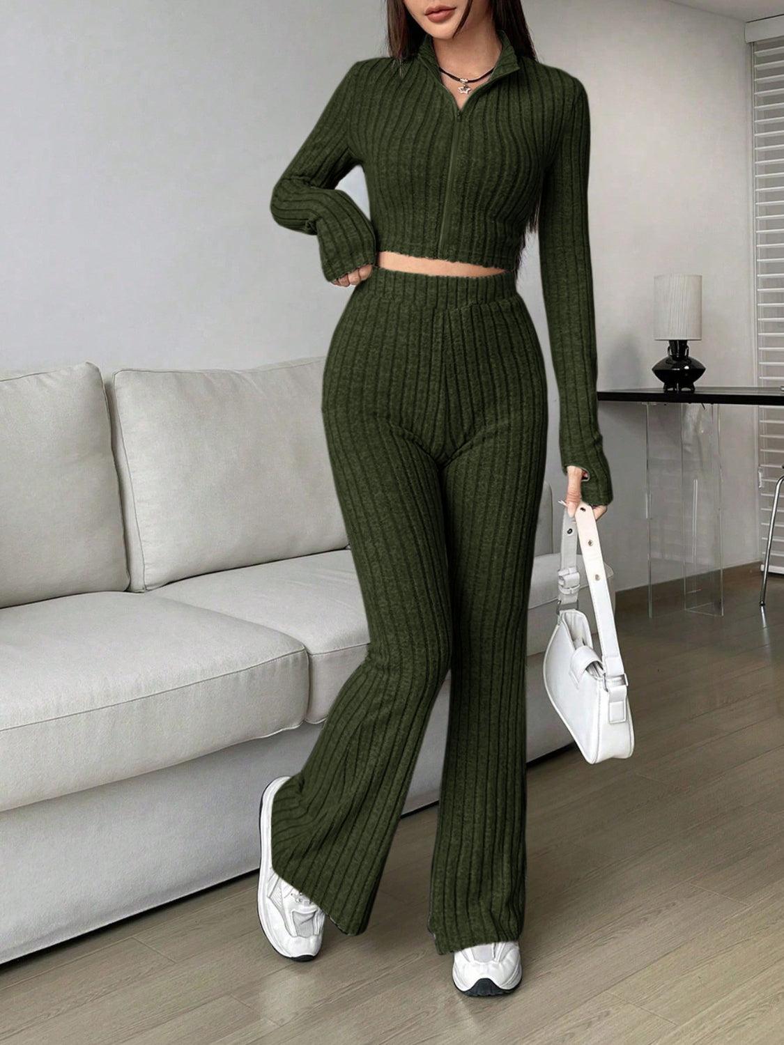 Honey Zip Up Long Sleeve Top and Pants Set - Trendy by Luna