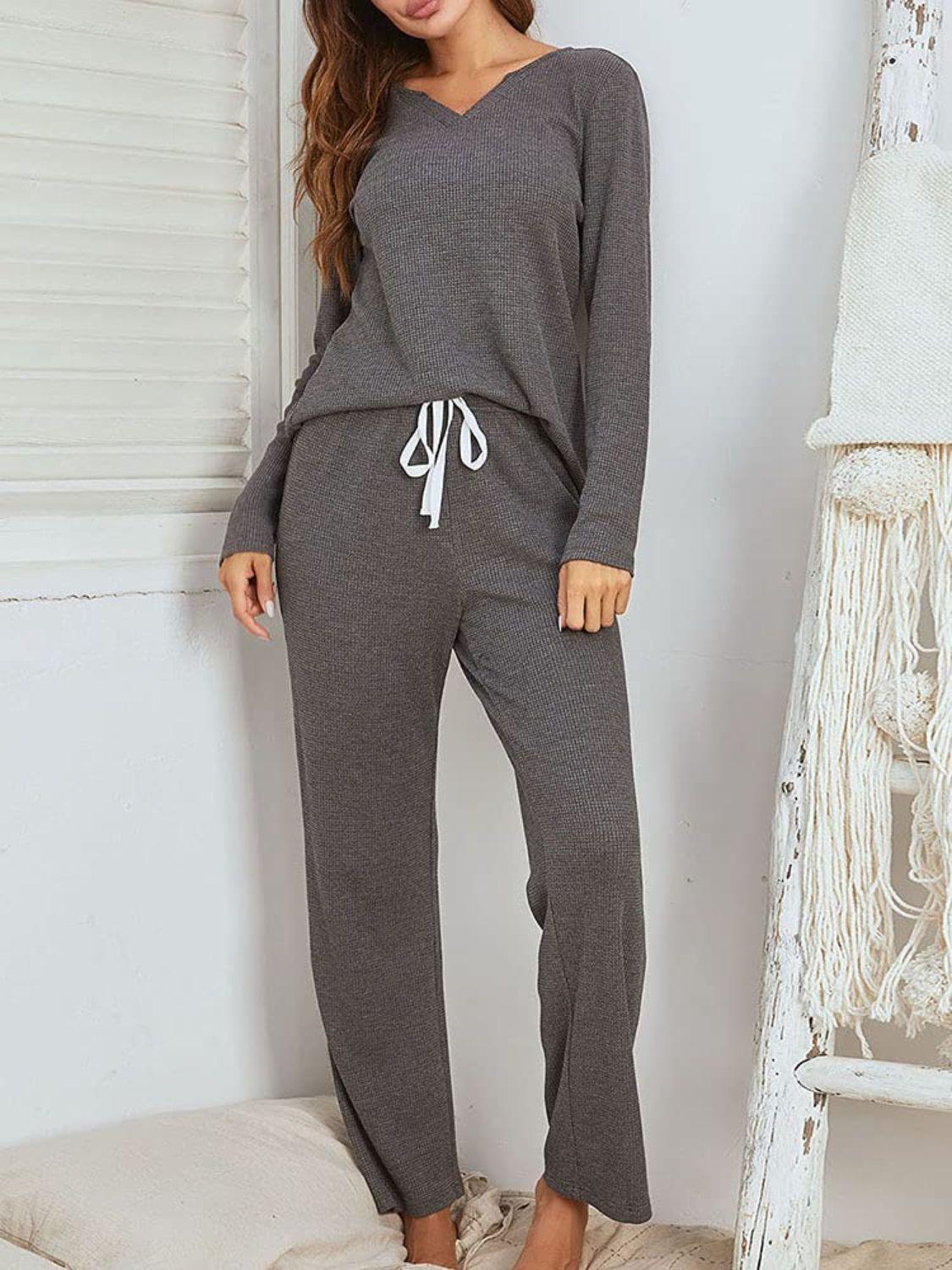 Notched Long Sleeve Top and Pants Set - Trendy by Luna