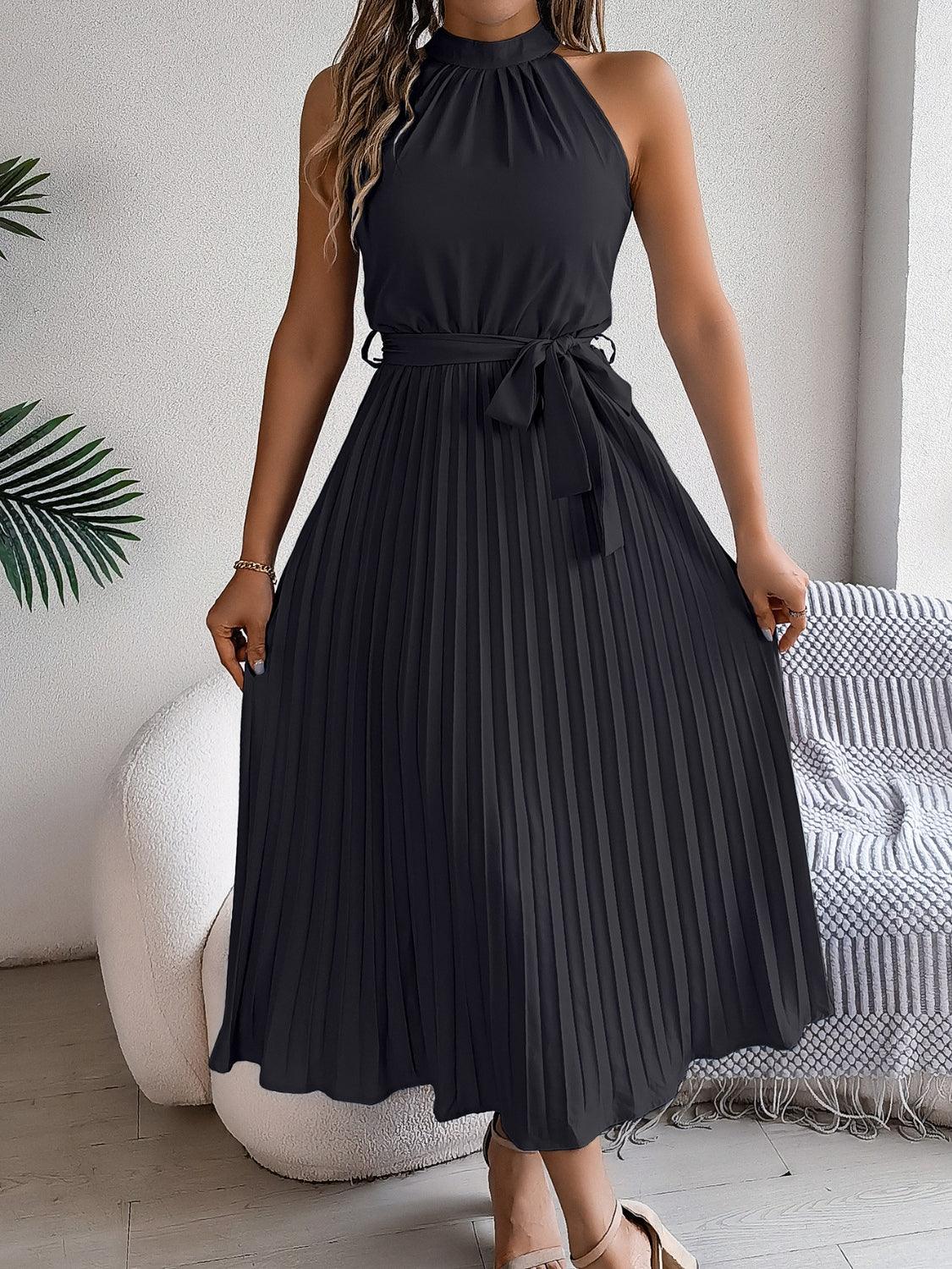 Pleated Tie Waist Sleeveless Midi Dress - Trendy by Luna