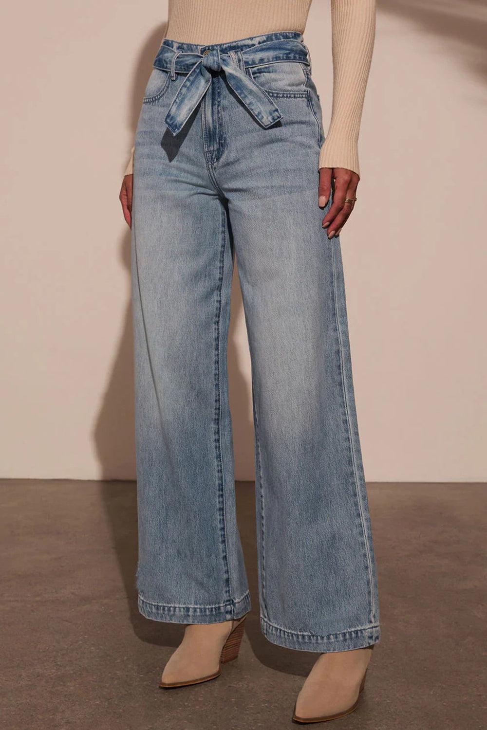 Tied Wide Leg Jeans with Pockets - Trendy by Luna