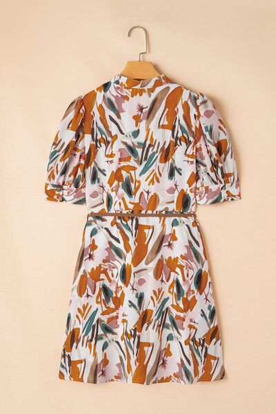 Printed Notched Short Sleeve Mini Dress - Trendy by Luna