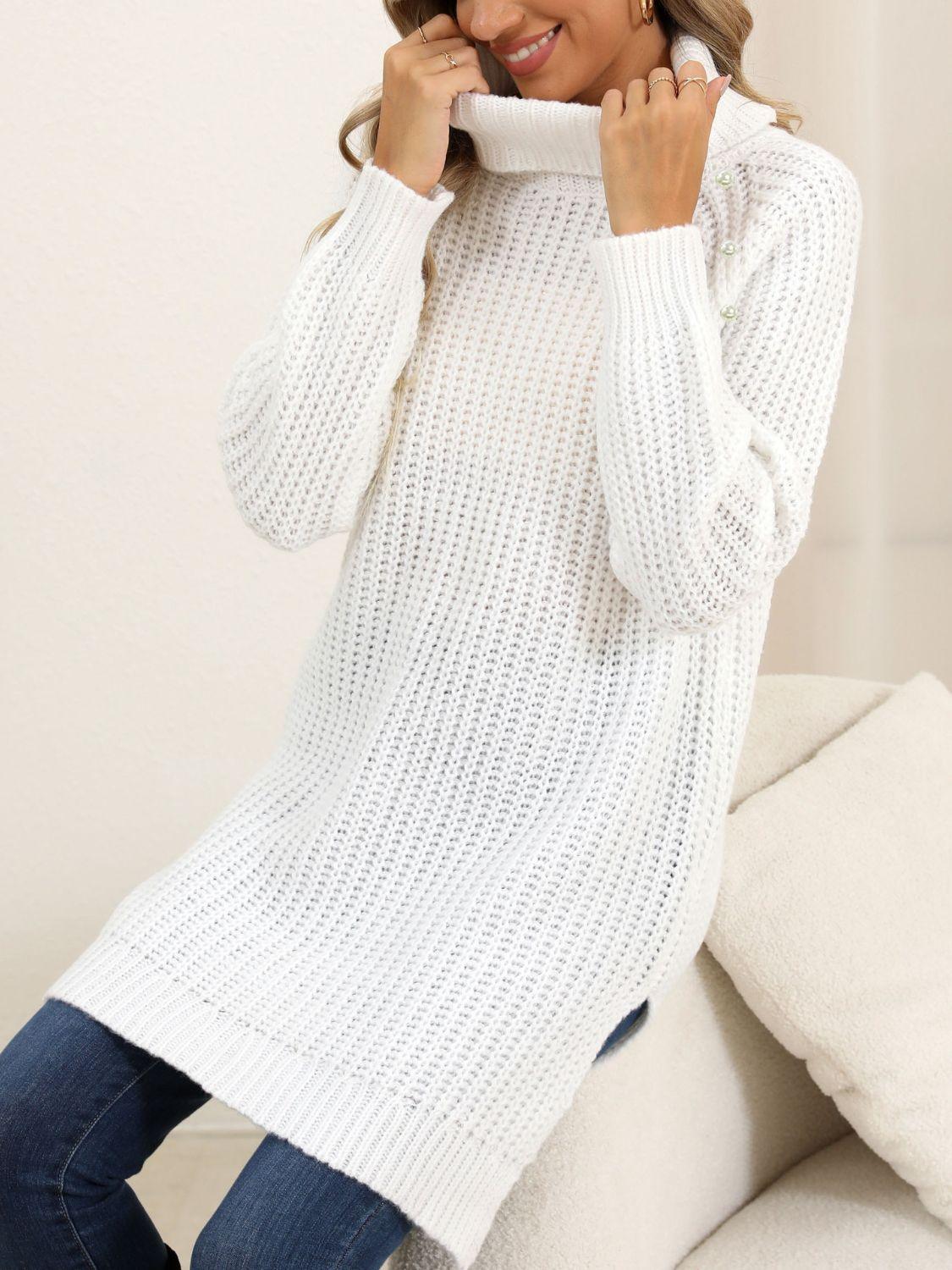 Slit Turtleneck Long Sleeve Sweater - Trendy by Luna