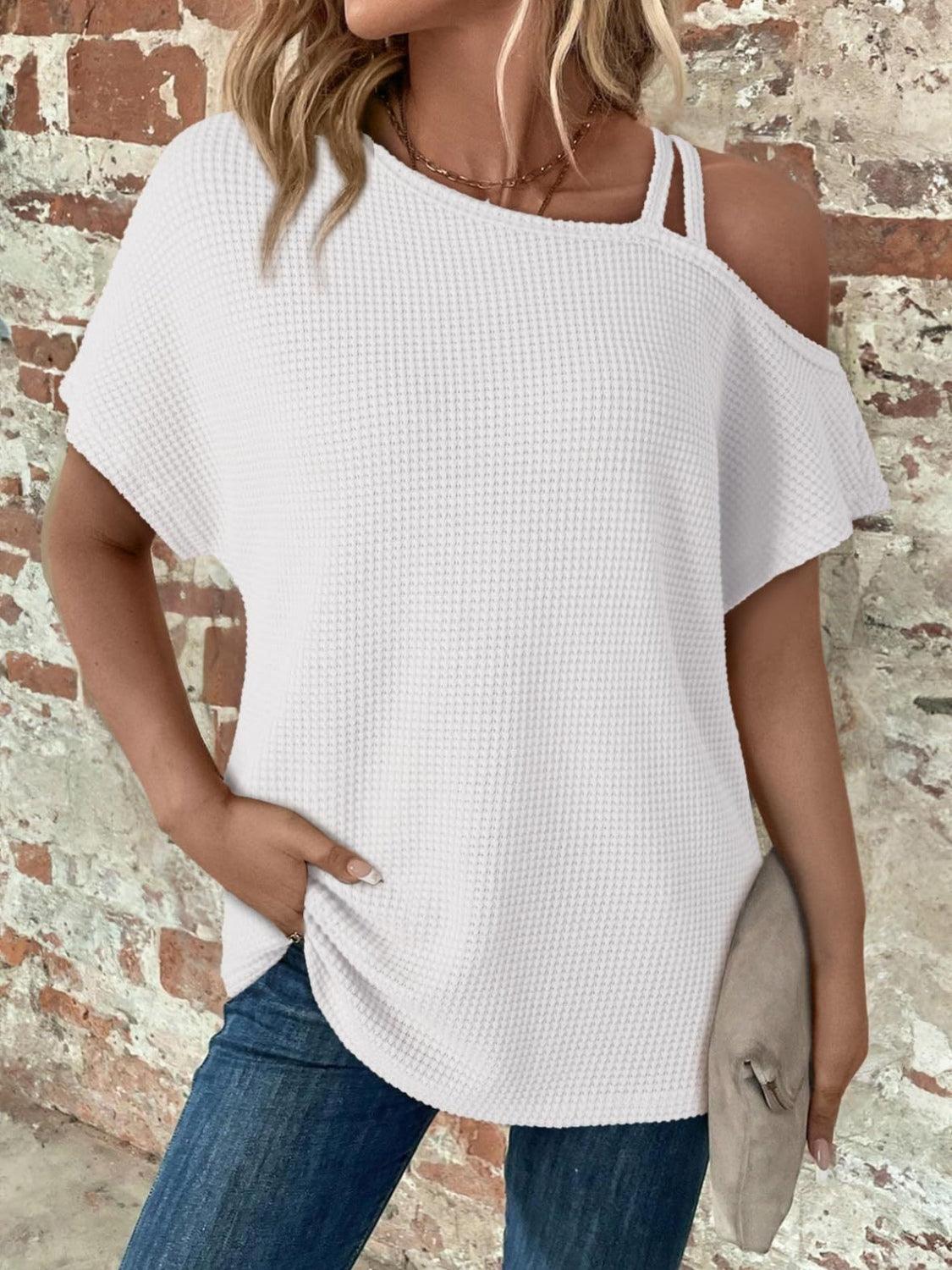 Asymmetrical Neck Short Sleeve T-Shirt - Trendy by Luna