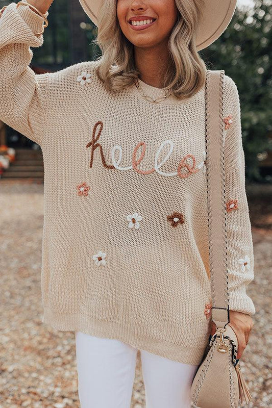 HELLO Flower Round Neck Long Sleeve Sweater - Trendy by Luna