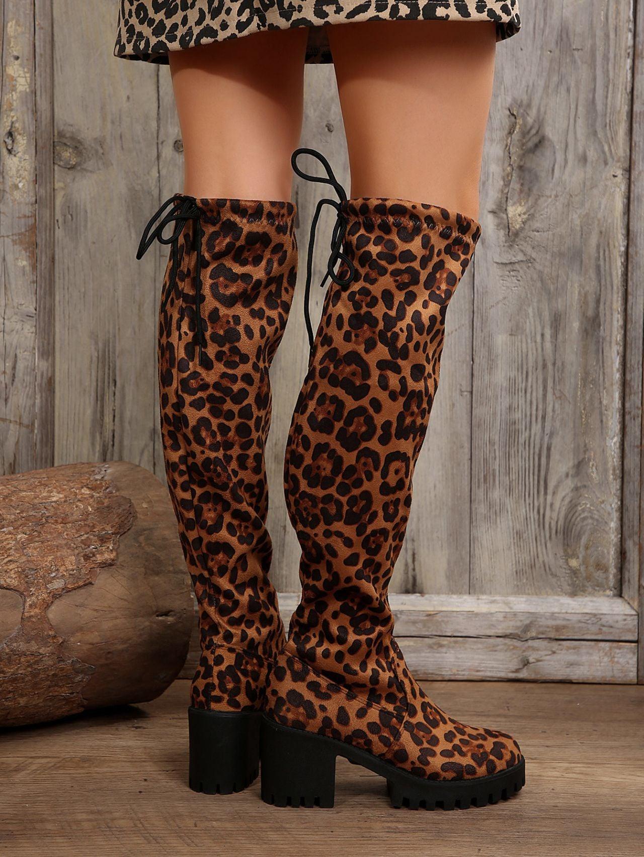 Leopard Round Toe Block Heel Boots - Trendy by Luna