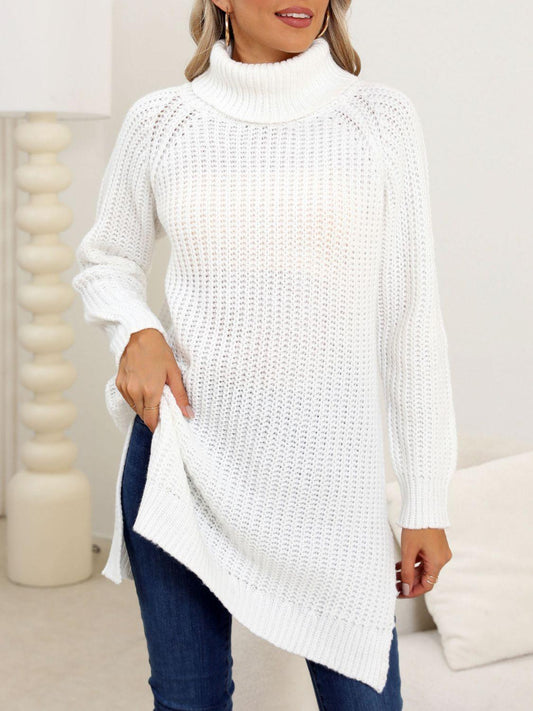 Trendy Slit Turtleneck Long Sleeve Sweater - Trendy by Luna